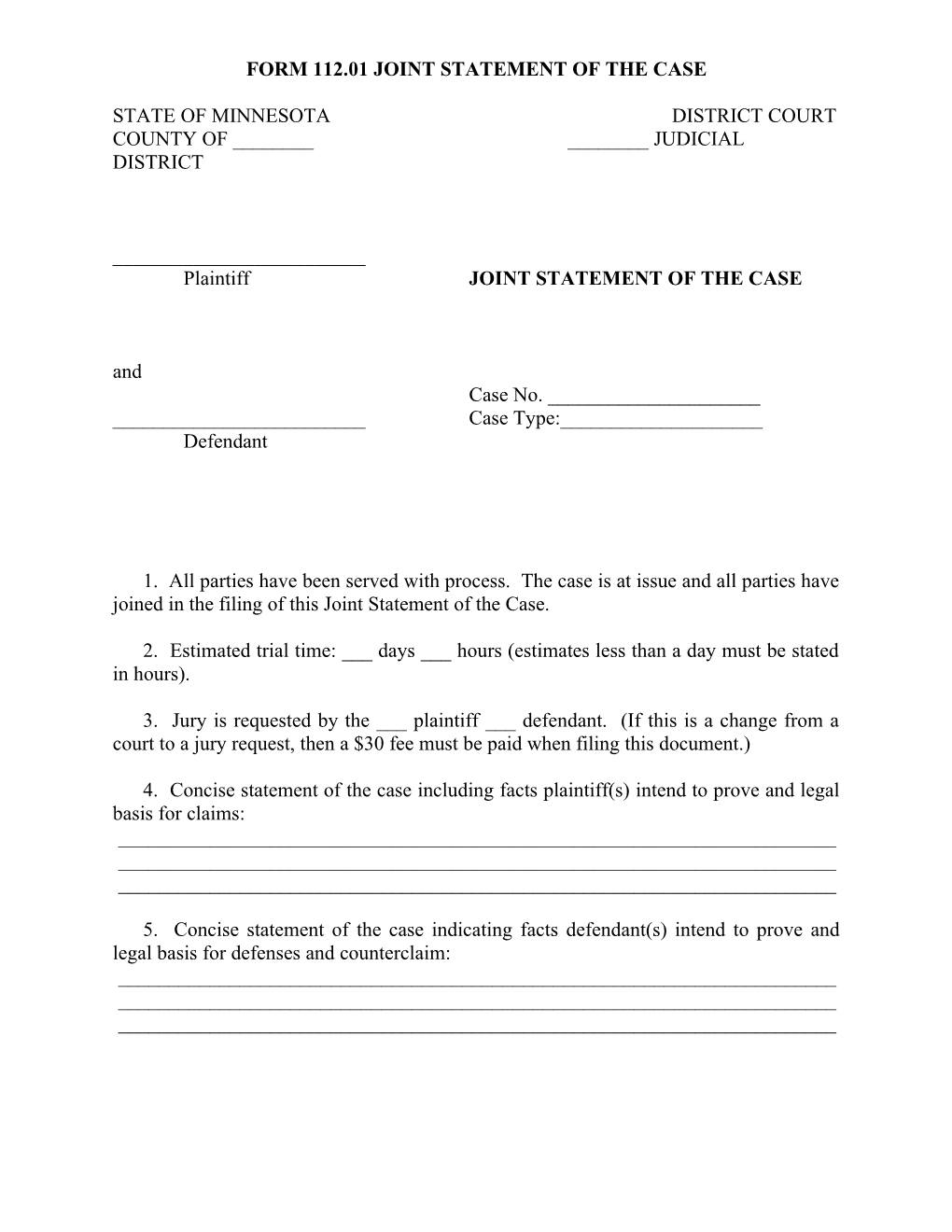 Form 112.01 Joint Statement of the Case