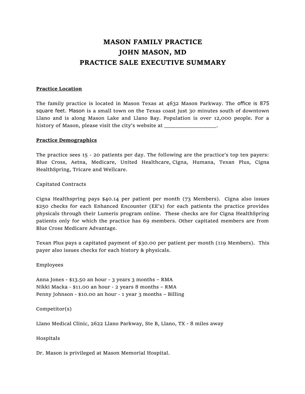 Practice Sale Executive Summary
