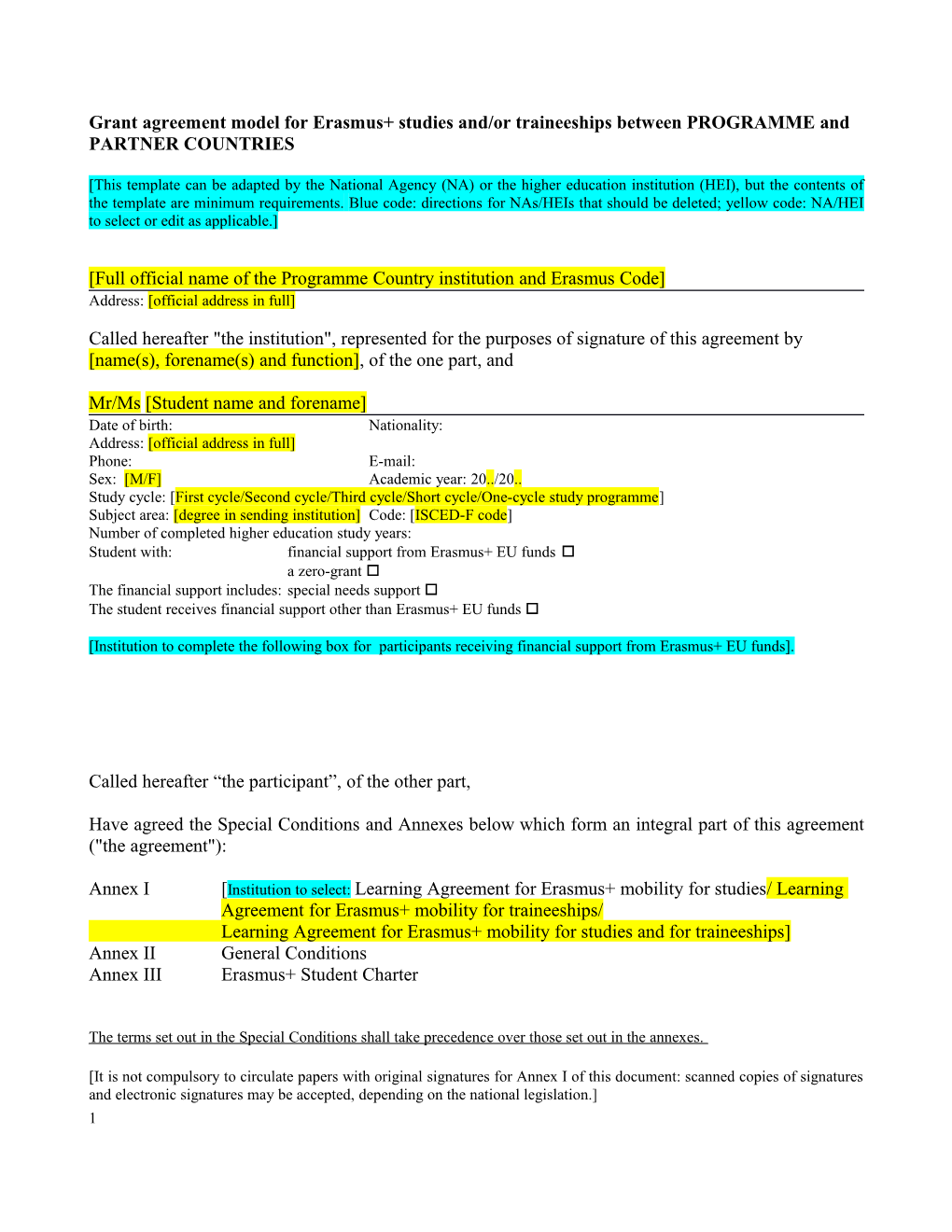 Grant Agreement Model Forerasmus+ Studies And/Or Traineeshipsbetween PROGRAMME and PARTNER