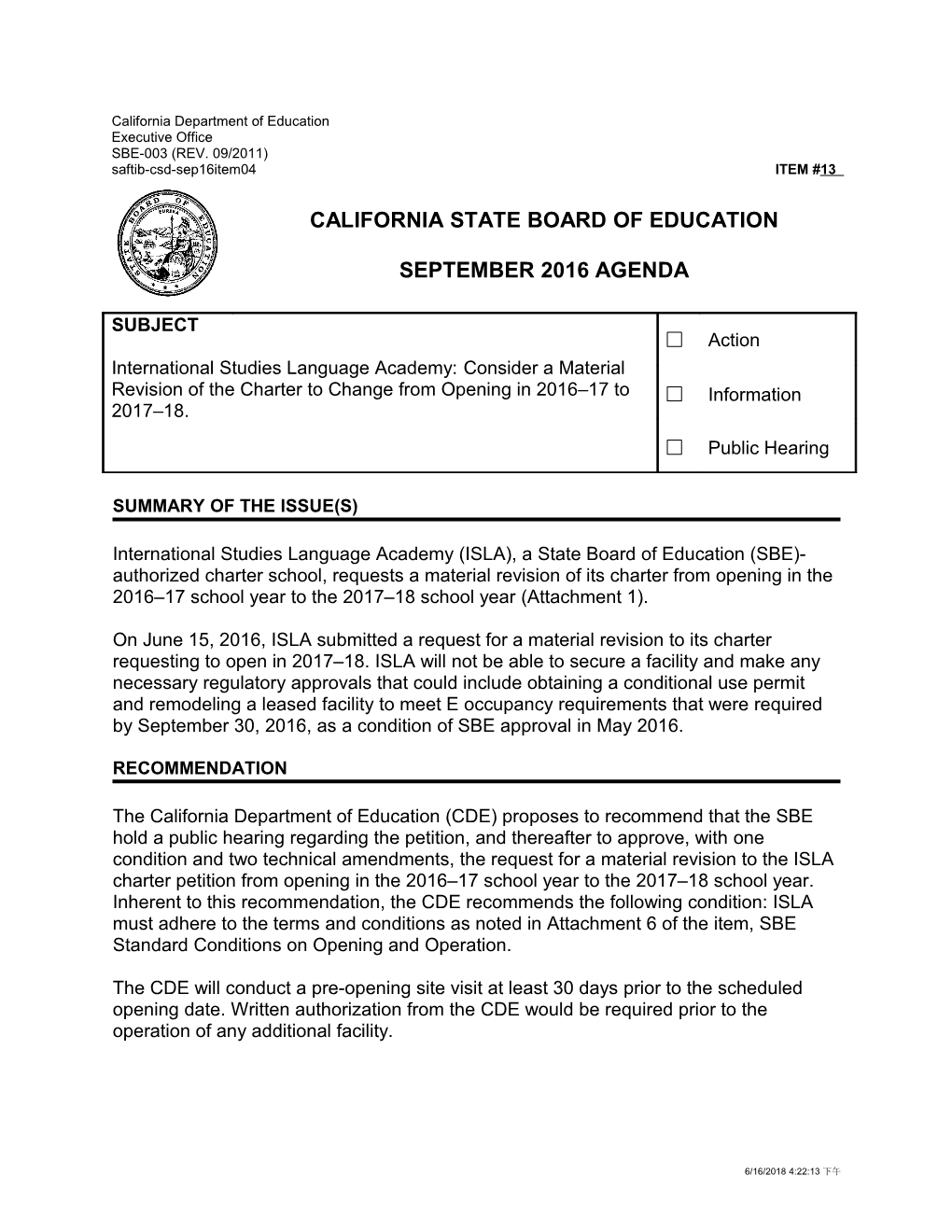September 2016 Agenda Item 13 - Meeting Agendas (CA State Board of Education)