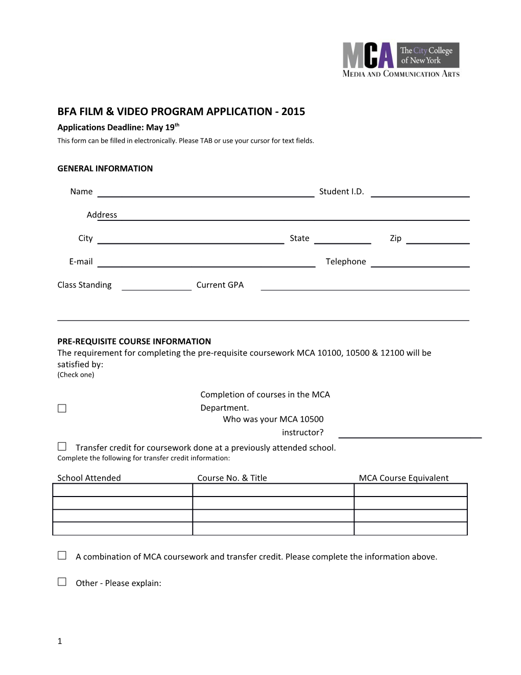 Bfa Film & Video Program Application - 2015