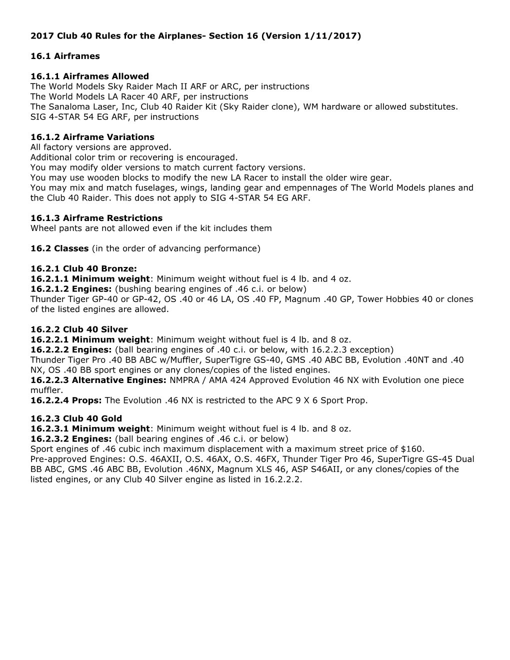 Club 40 Rules for the Airplanes- (Version 12-29-2010)