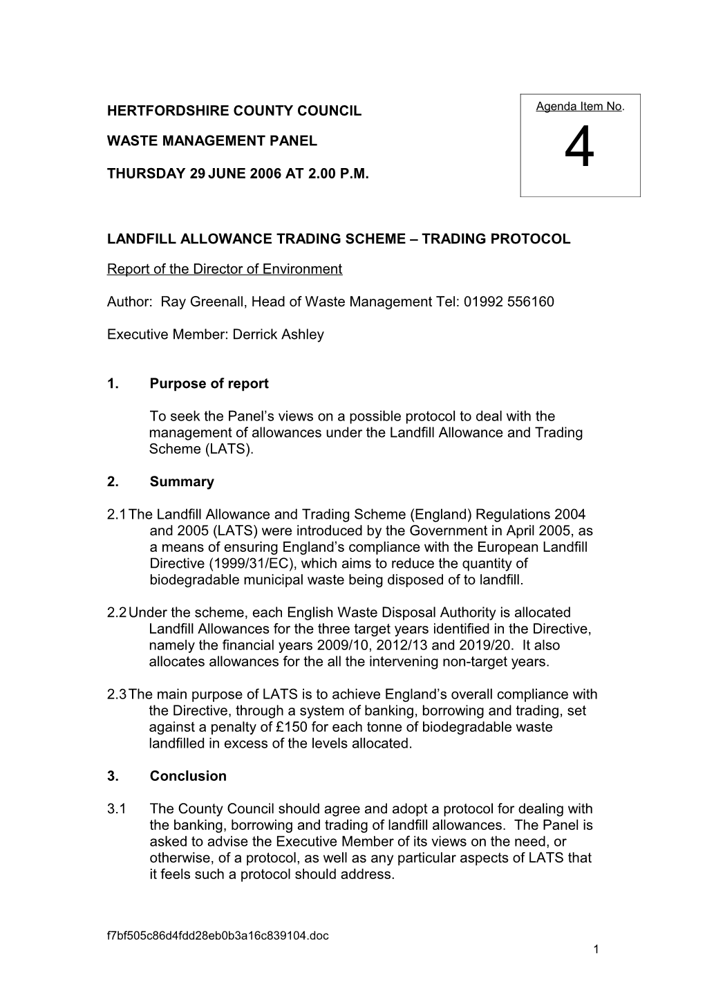 Landfill Allowance Trading Scheme Trading Protocol