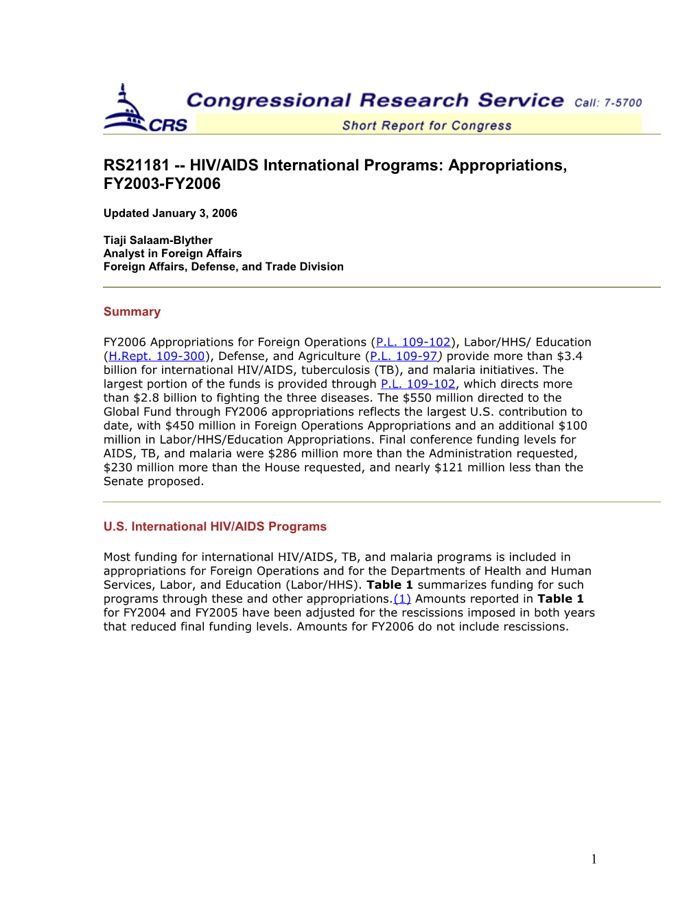 RS21181 HIV/AIDS International Programs: Appropriations, FY2003-FY2006