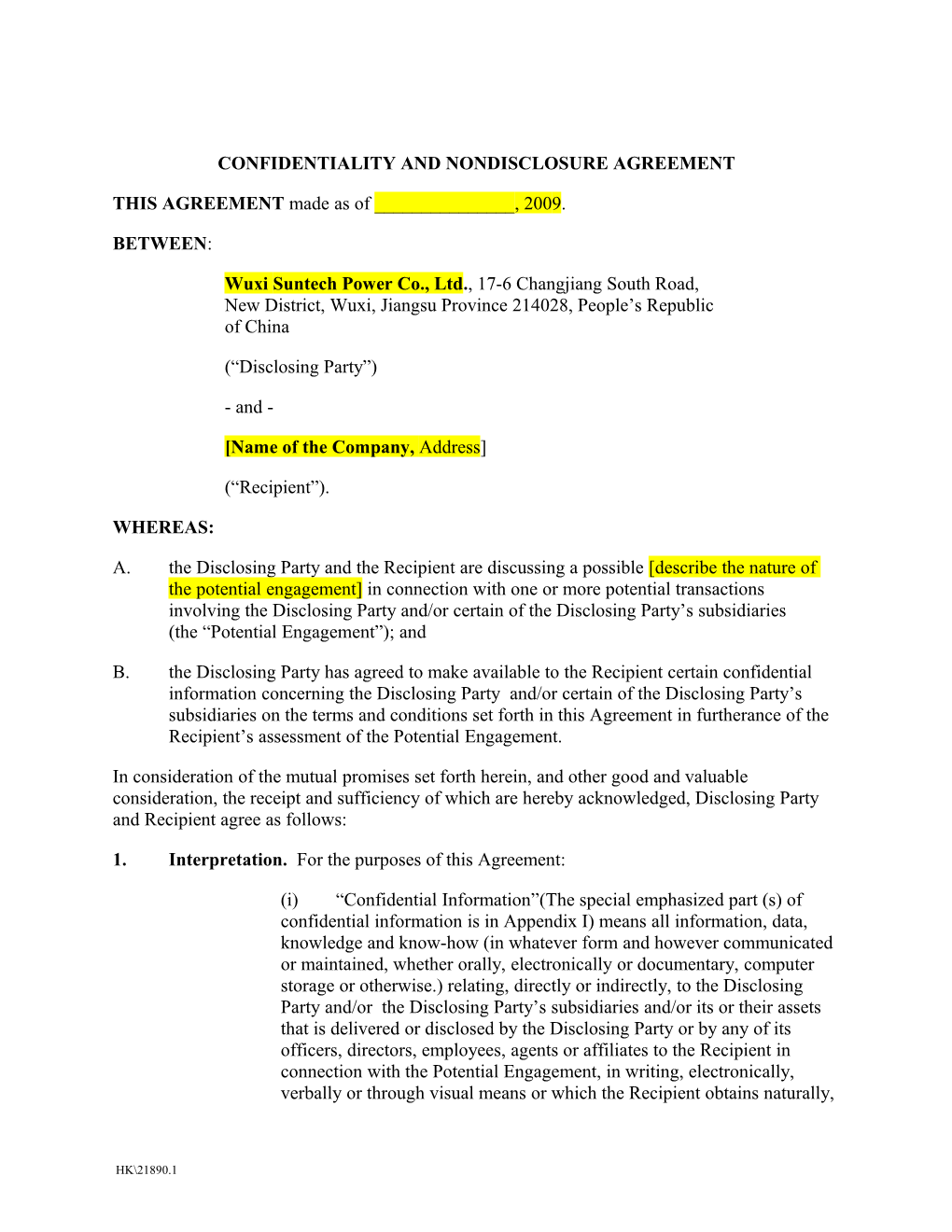 Szhao - Suntech - Confidentiality and Nondisclosure Agreement