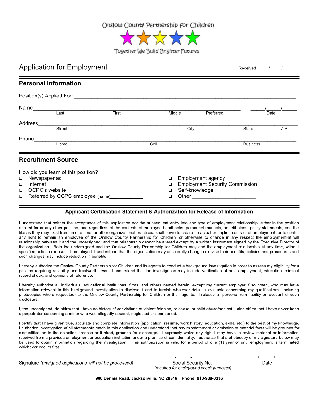 Application for Employment Received _____/_____/_____