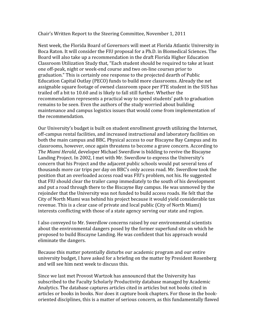 Chair S Written Report to the Steering Committee, November 1, 2011