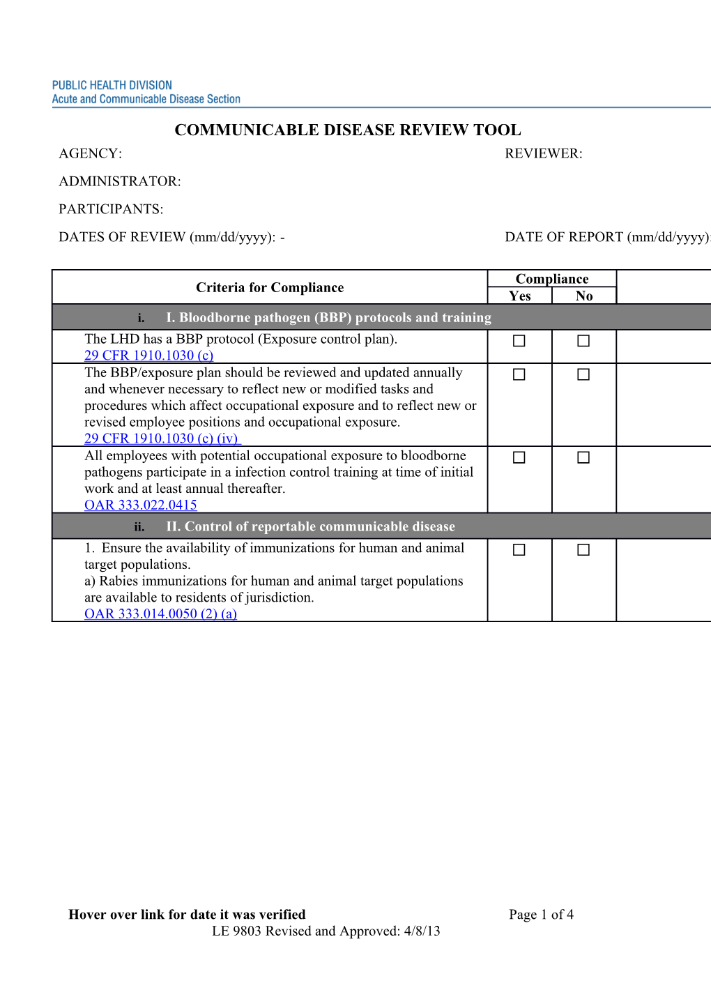 Communicable Disease Review Tool