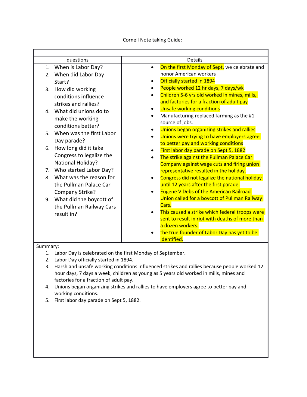 Cornell Note Taking Guide