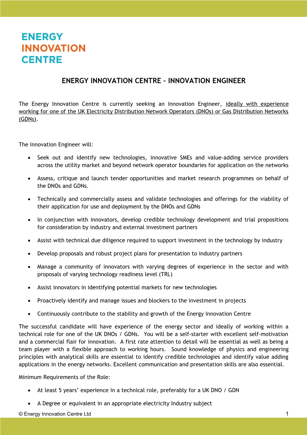 Energy Innovation Centre Innovation Engineer
