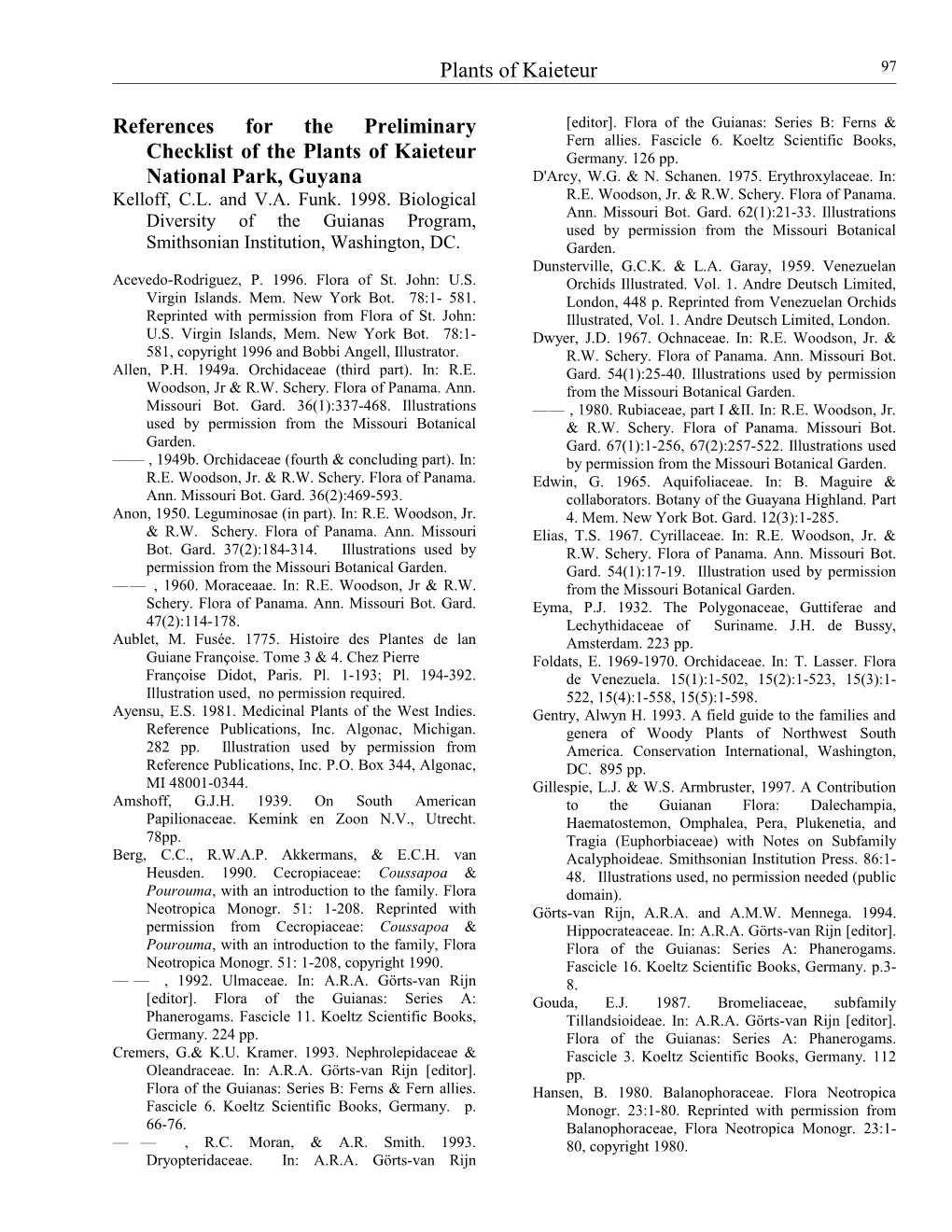 References For The Preliminary Checklist Of The Plants Of Kaieteur National Park, Guyana