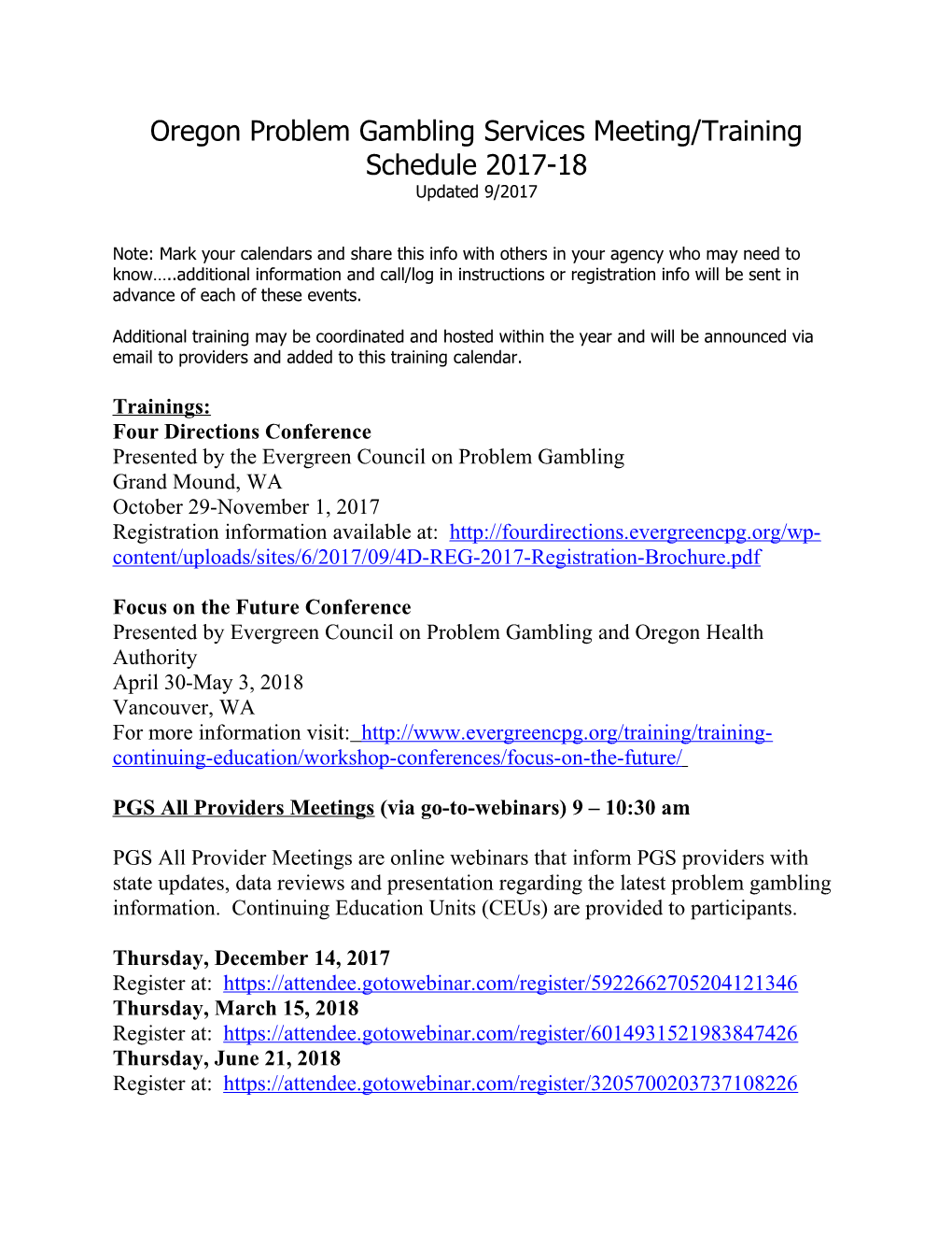 Oregon Problem Gambling Services Meeting/Training Schedule 2017-18