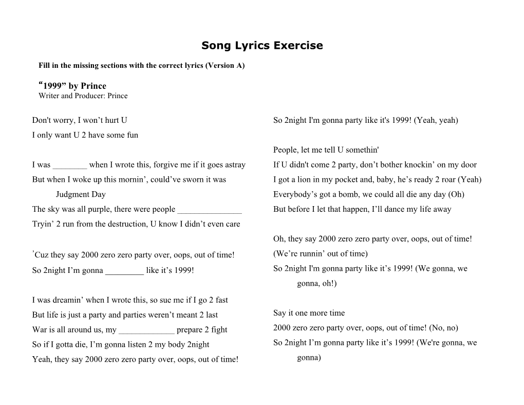 Song Lyrics Exercise