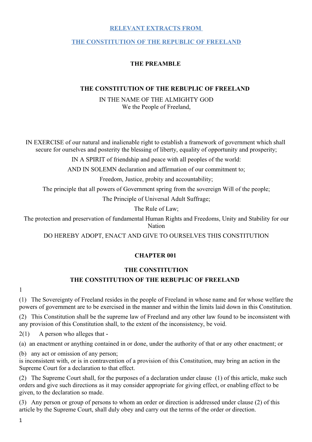 The Constitution of the Republic of Freeland
