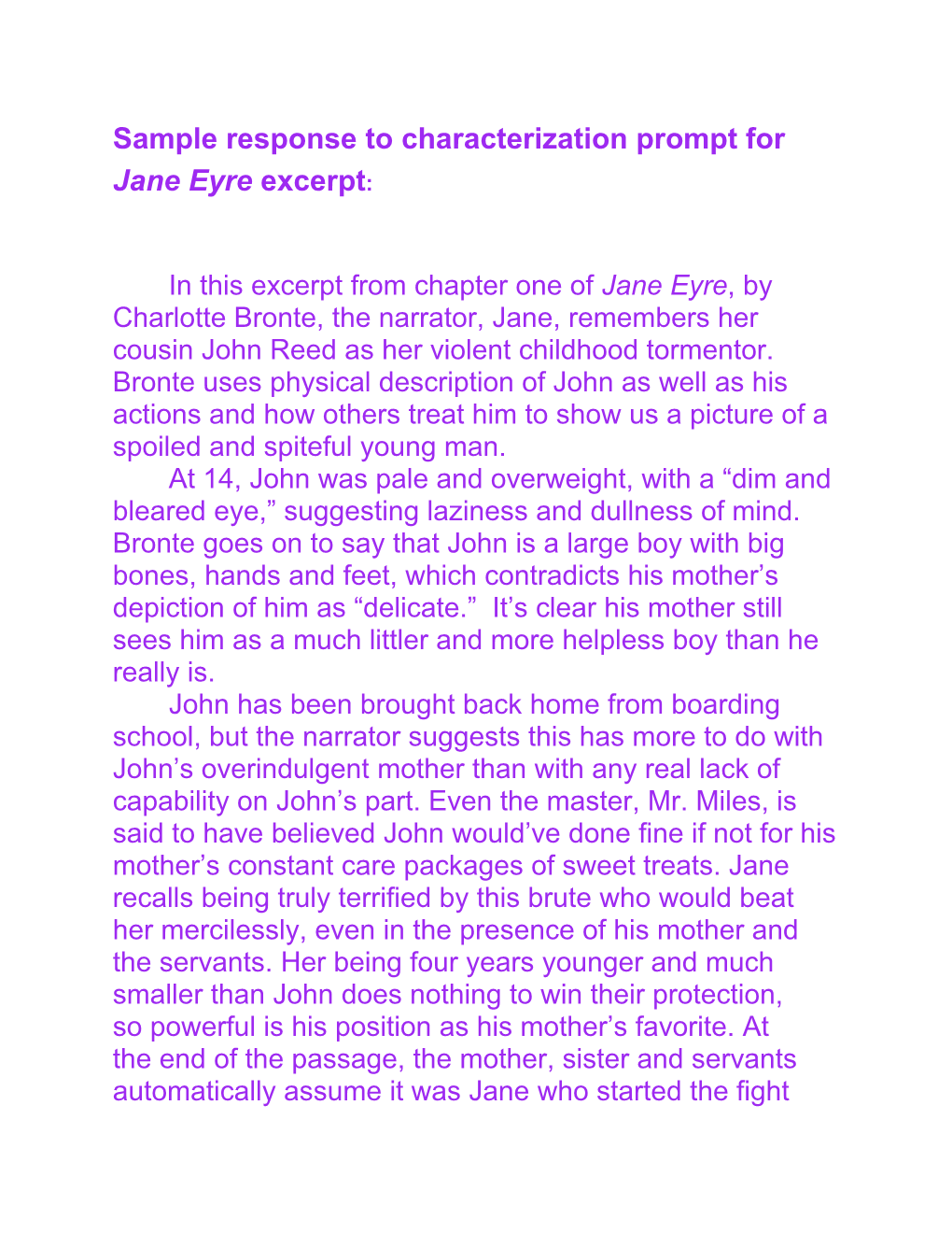Sample Response to Characterization Prompt for Jane Eyre Excerpt