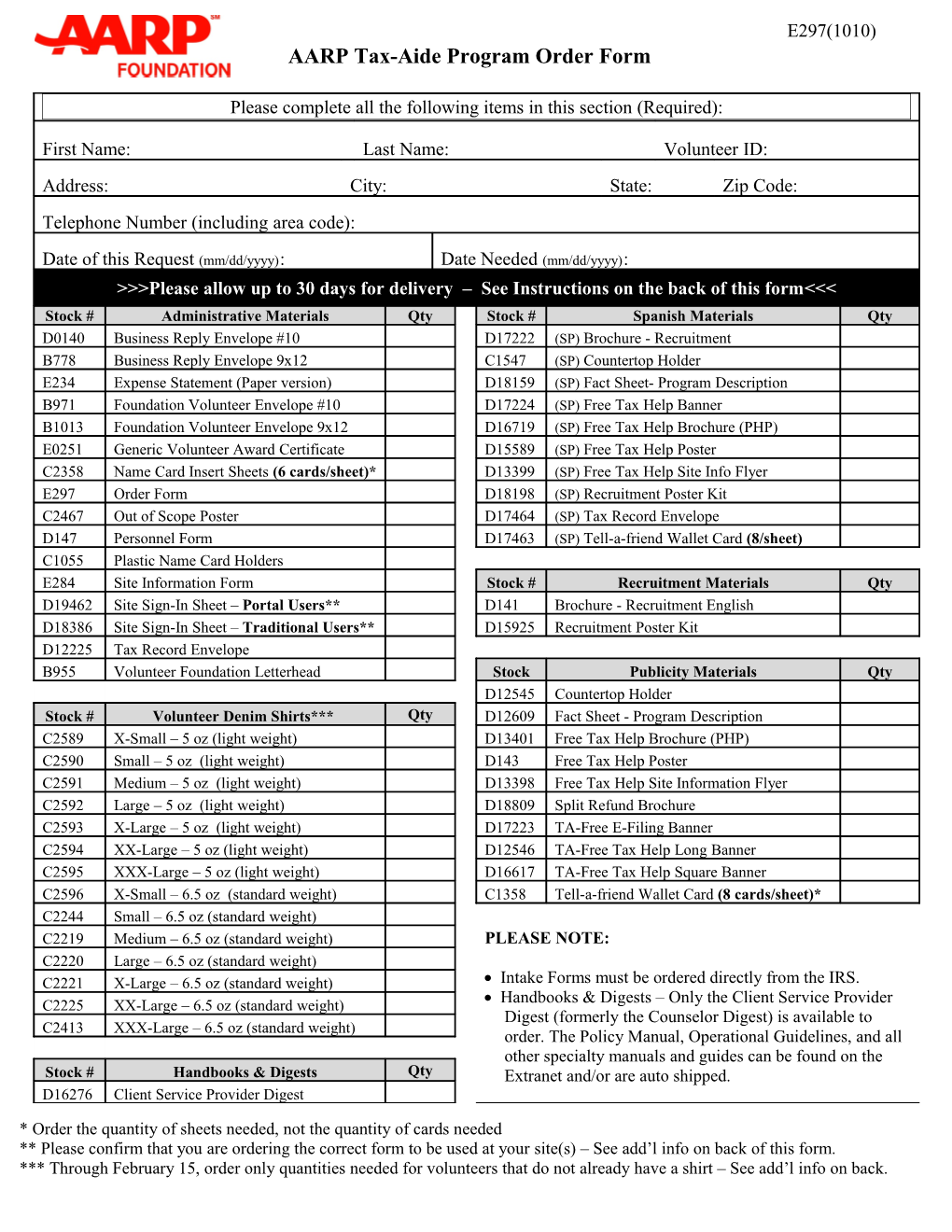 Program Materials Order Form