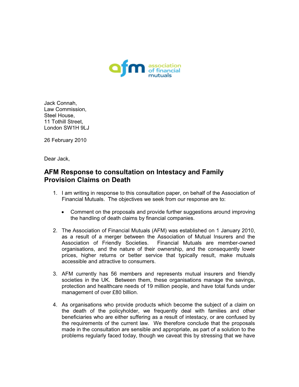 AFM Response to Consultation on Intestacy and Family Provision Claims on Death