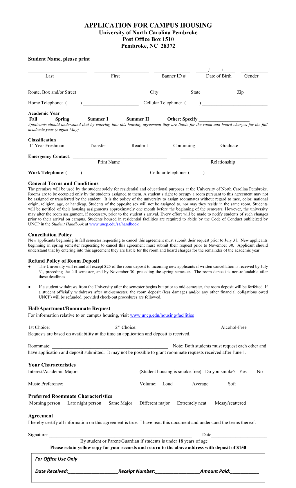 Application for Campus Housing