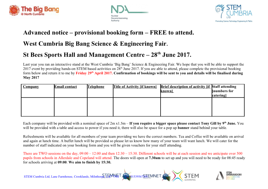 Advanced Notice Provisional Booking Form FREE to Attend