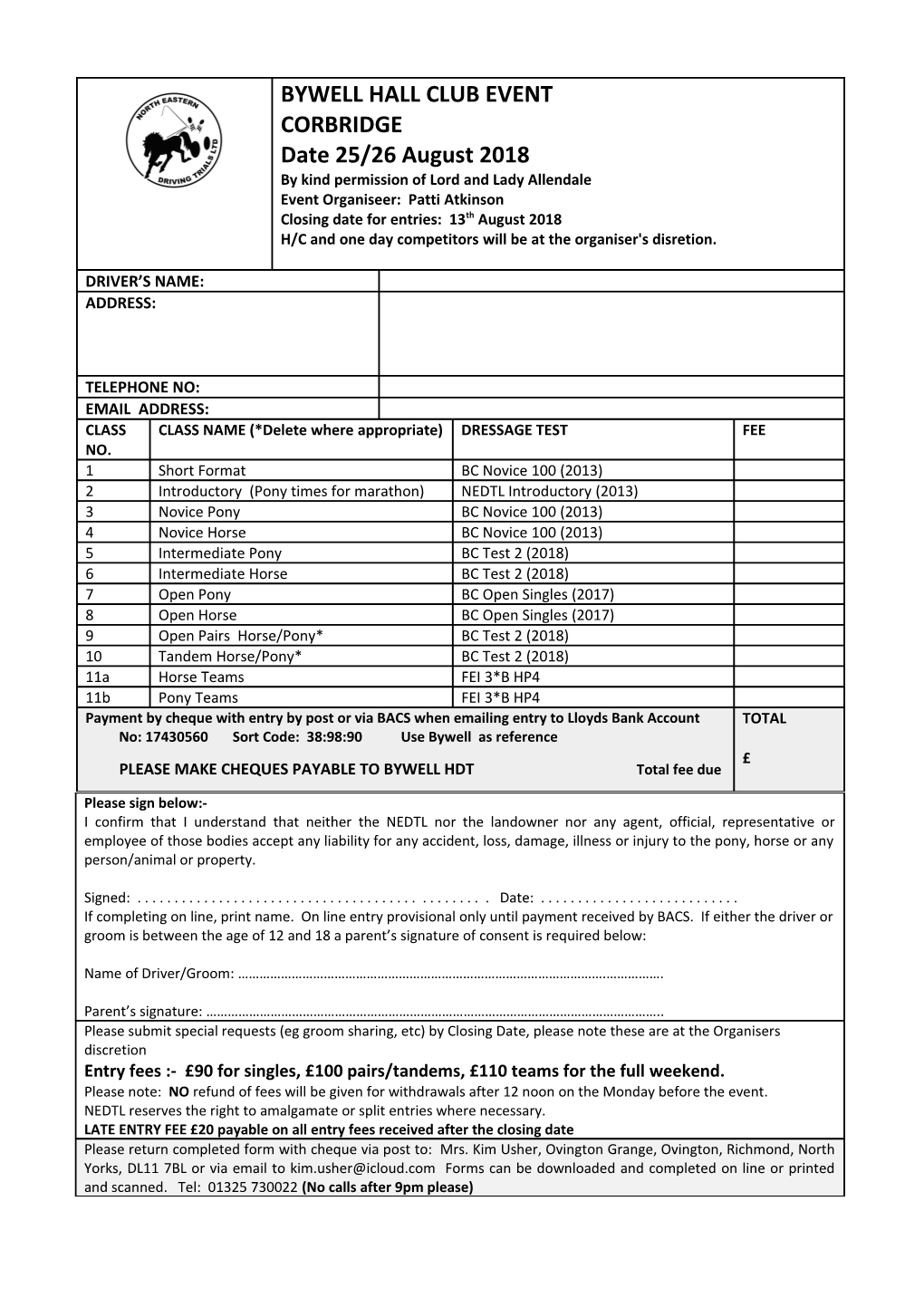 PLEASE MAKE CHEQUES PAYABLE to BYWELL HDT Total Fee Due