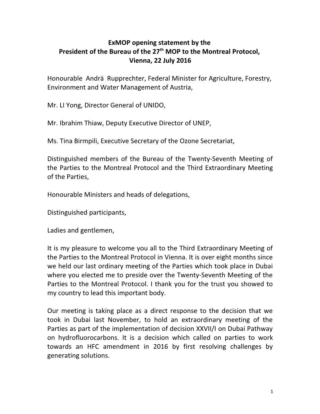 Bureau President Statement at the 19Th MOP
