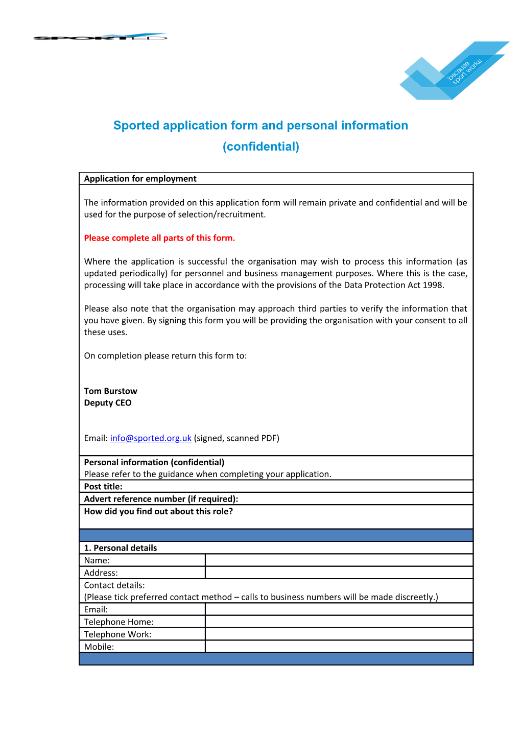 Sported Application Form and Personal Information (Confidential)