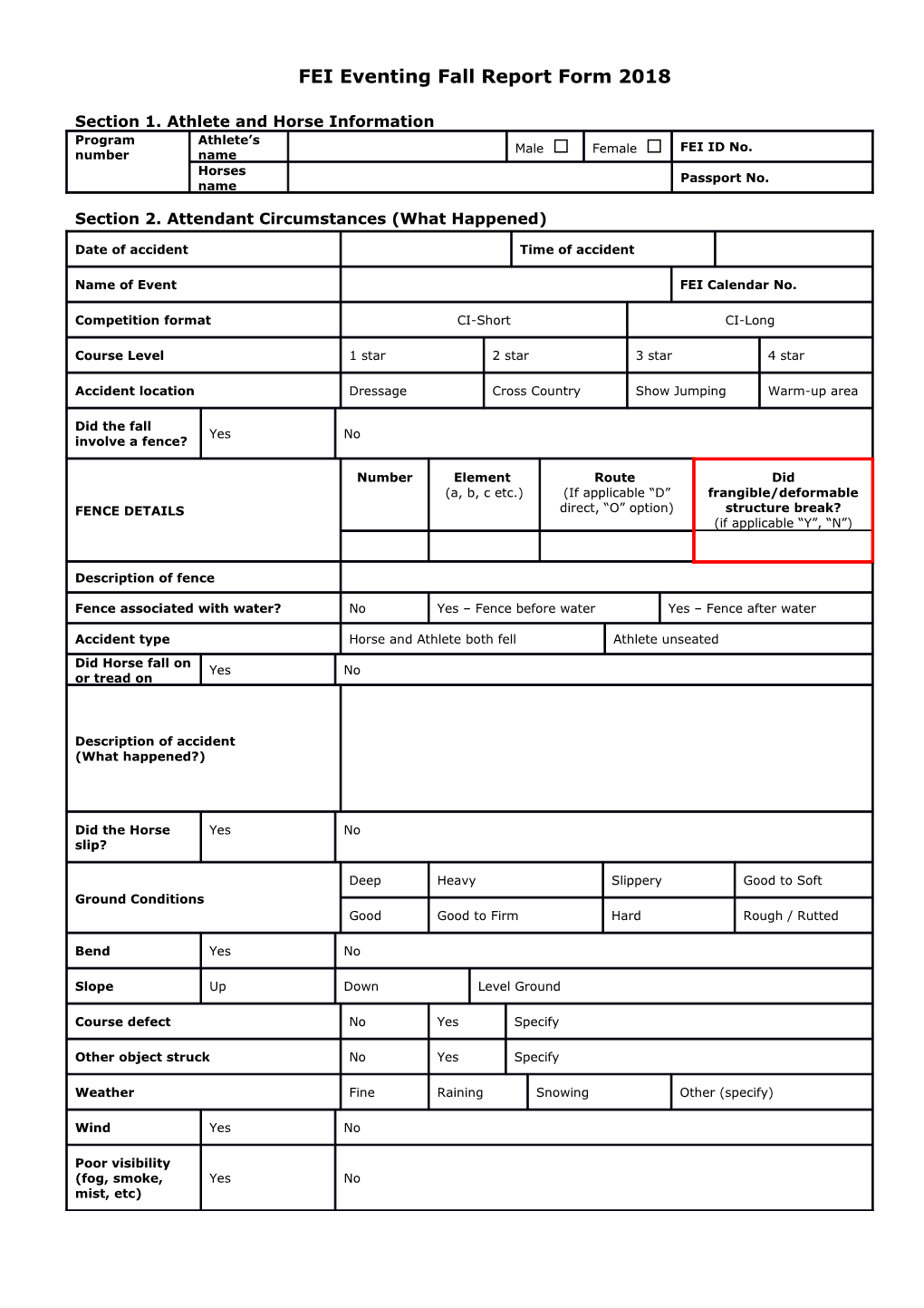FEI Eventing Fall Report Form 2018