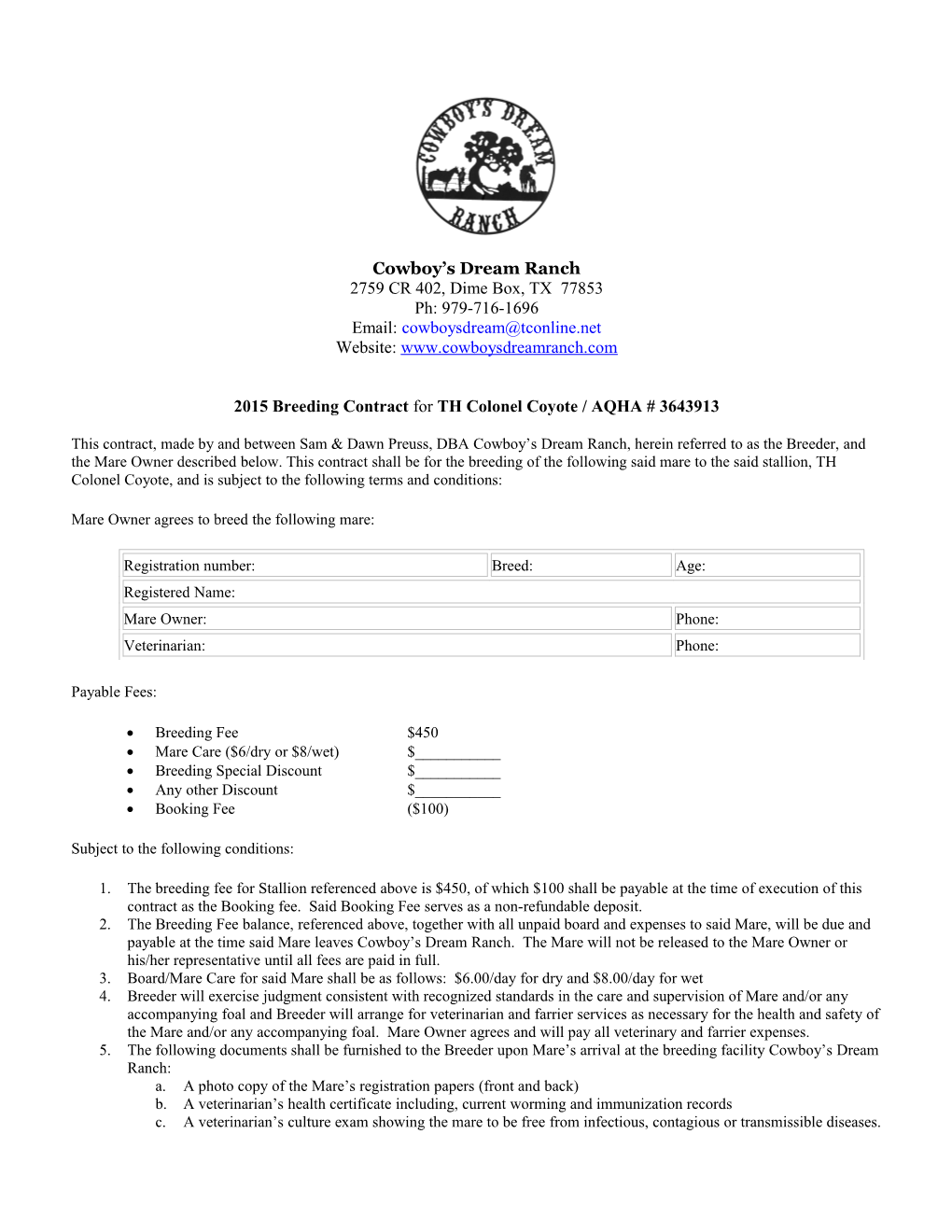 2015 Breeding Contract for TH Colonel Coyote / AQHA # 3643913