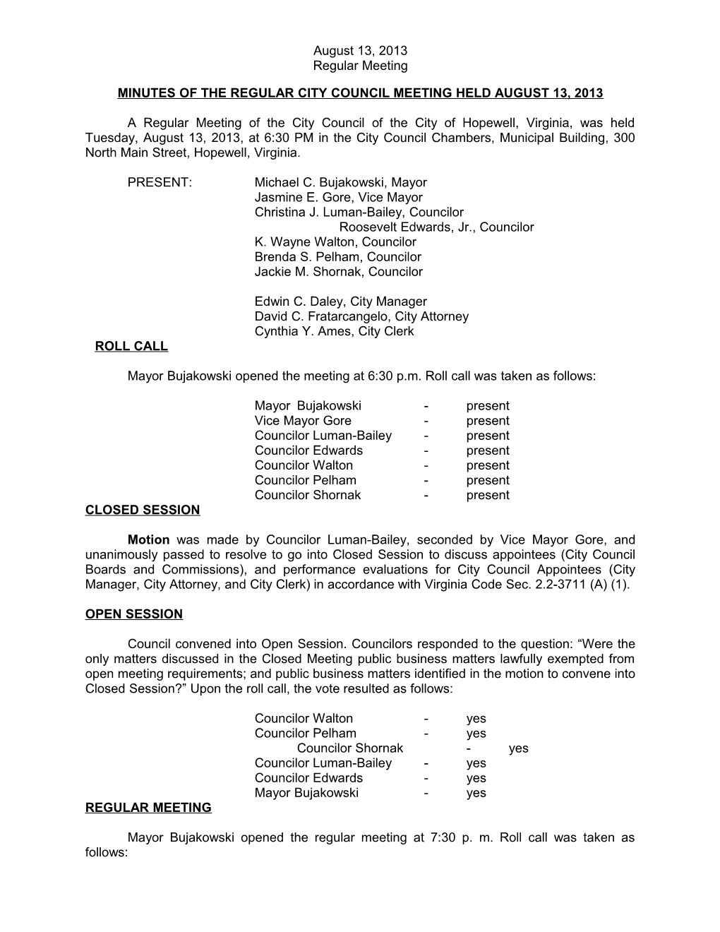 Minutes of the Regular City Council Meeting Held August 13, 2013
