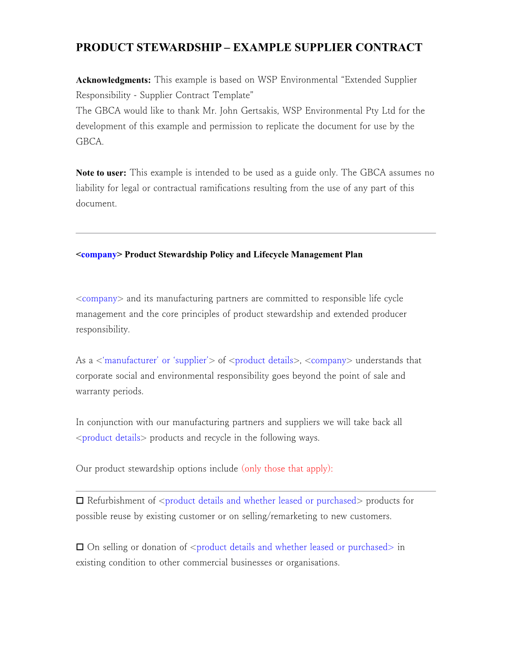 Product Stewardship Example Supplier Contract