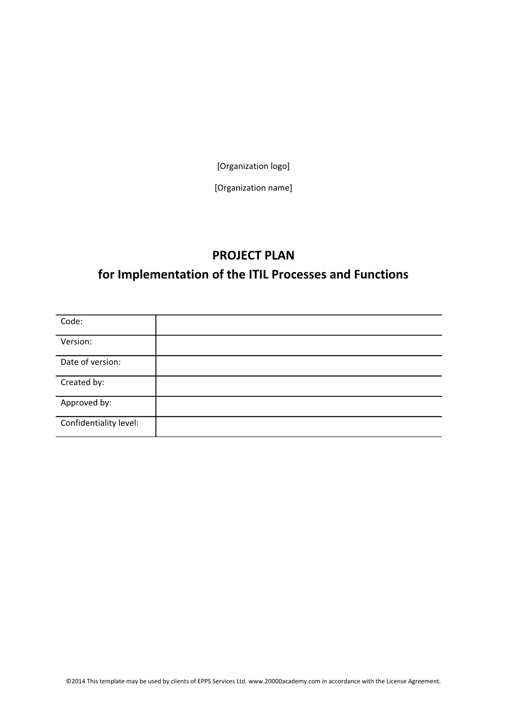 Project Plan for Implementation of the ITIL Processes and Functions