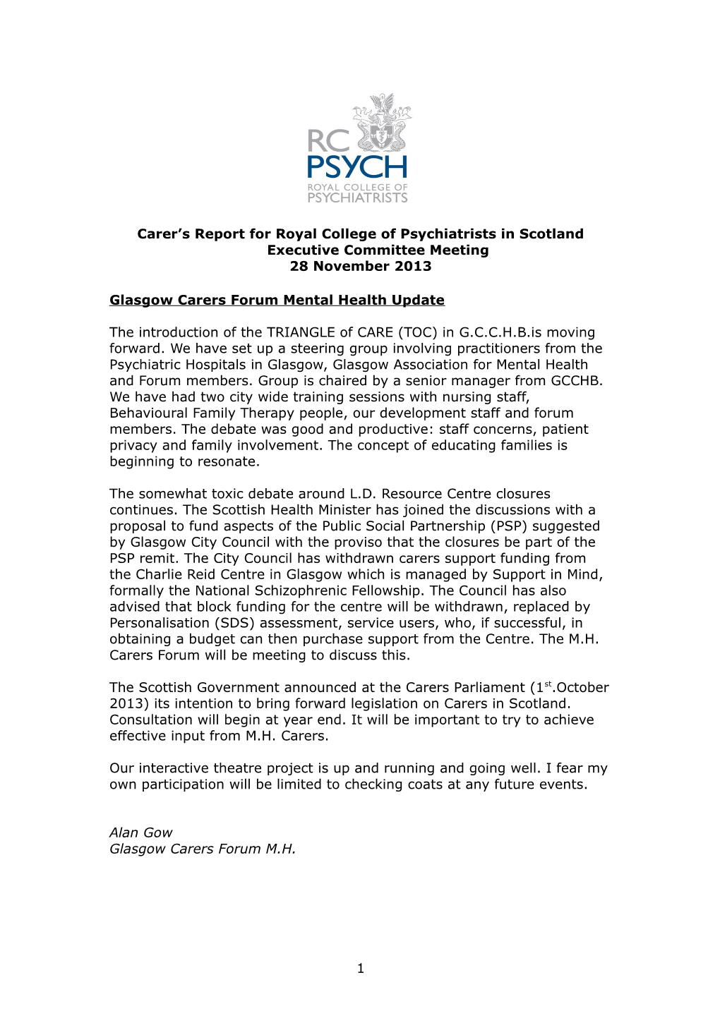 Carer S Report for Royal College of Psychiatrists in Scotland Executive Committee Meeting