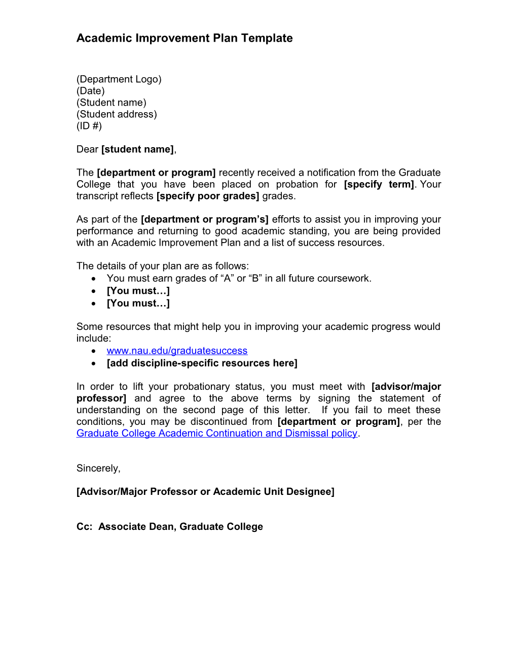 Academic Improvement Plan Template