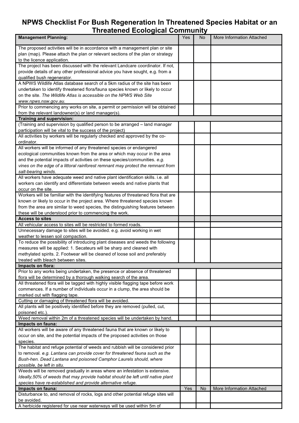 NPWS Checklist for Bush Regeneration in Threatened Species Habitat Or an Threatened Ecological