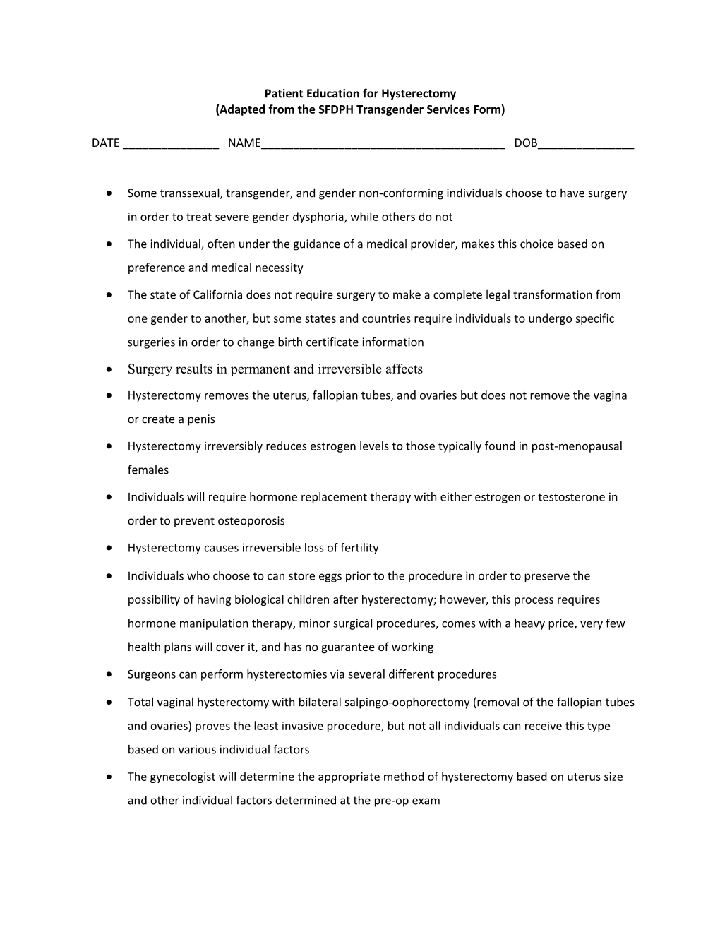 Adapted from the SFDPH Transgender Services Form