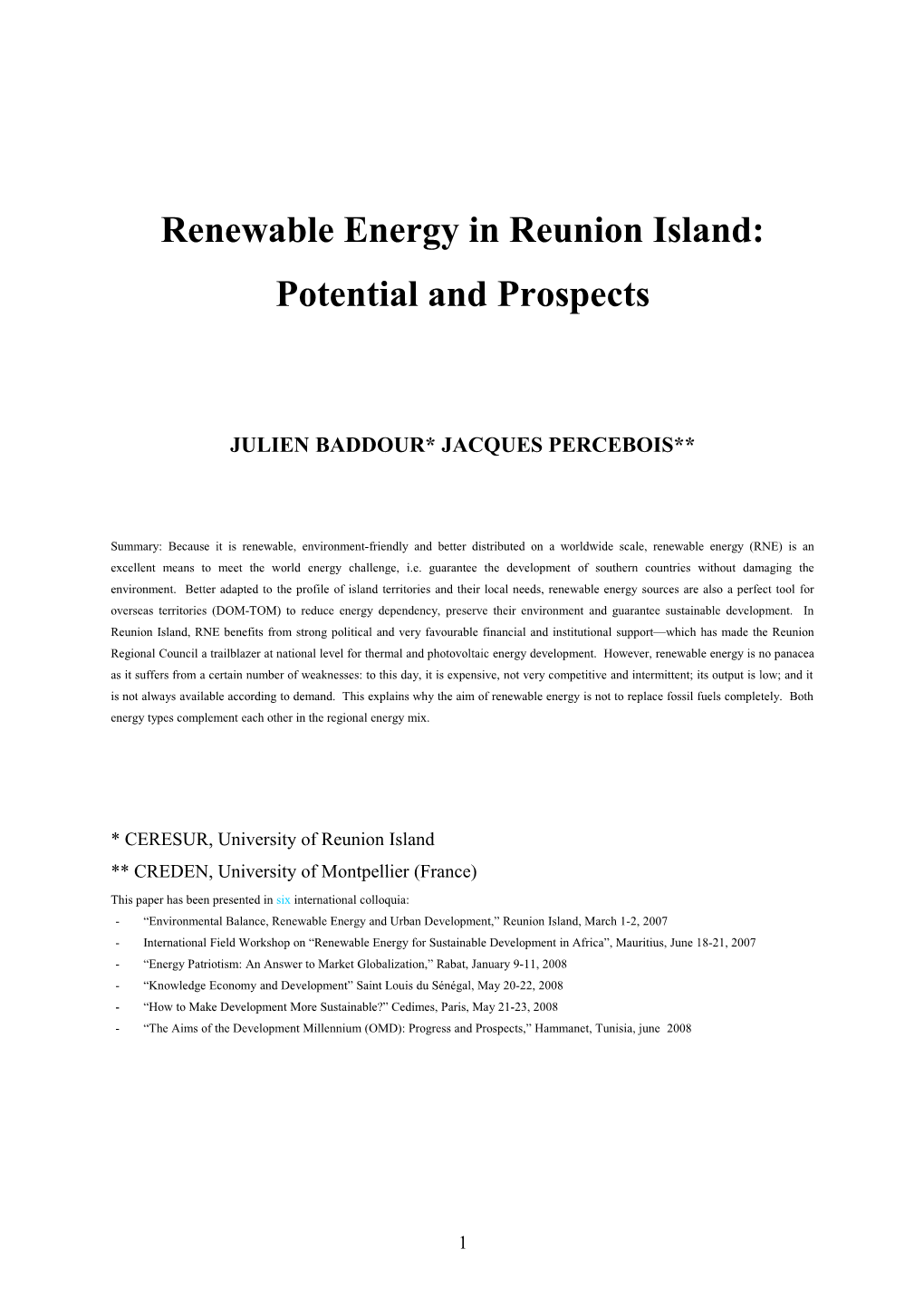 Les Énergies Renouvelables À La Réunion : Bilan Et Perspectives