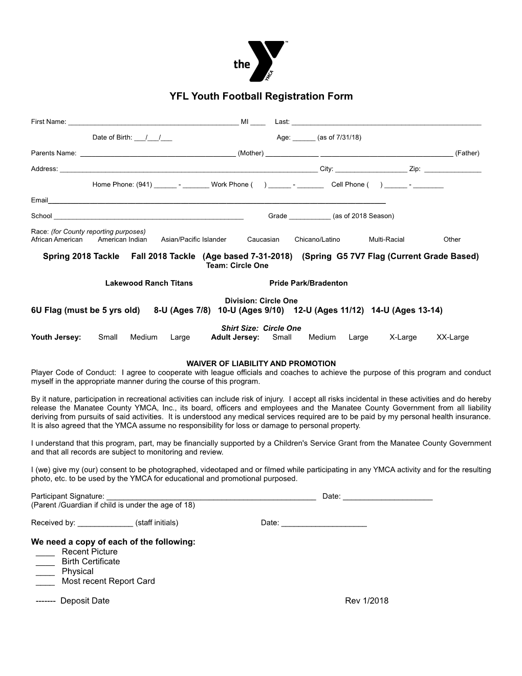 YFL Youth Football Registration Form
