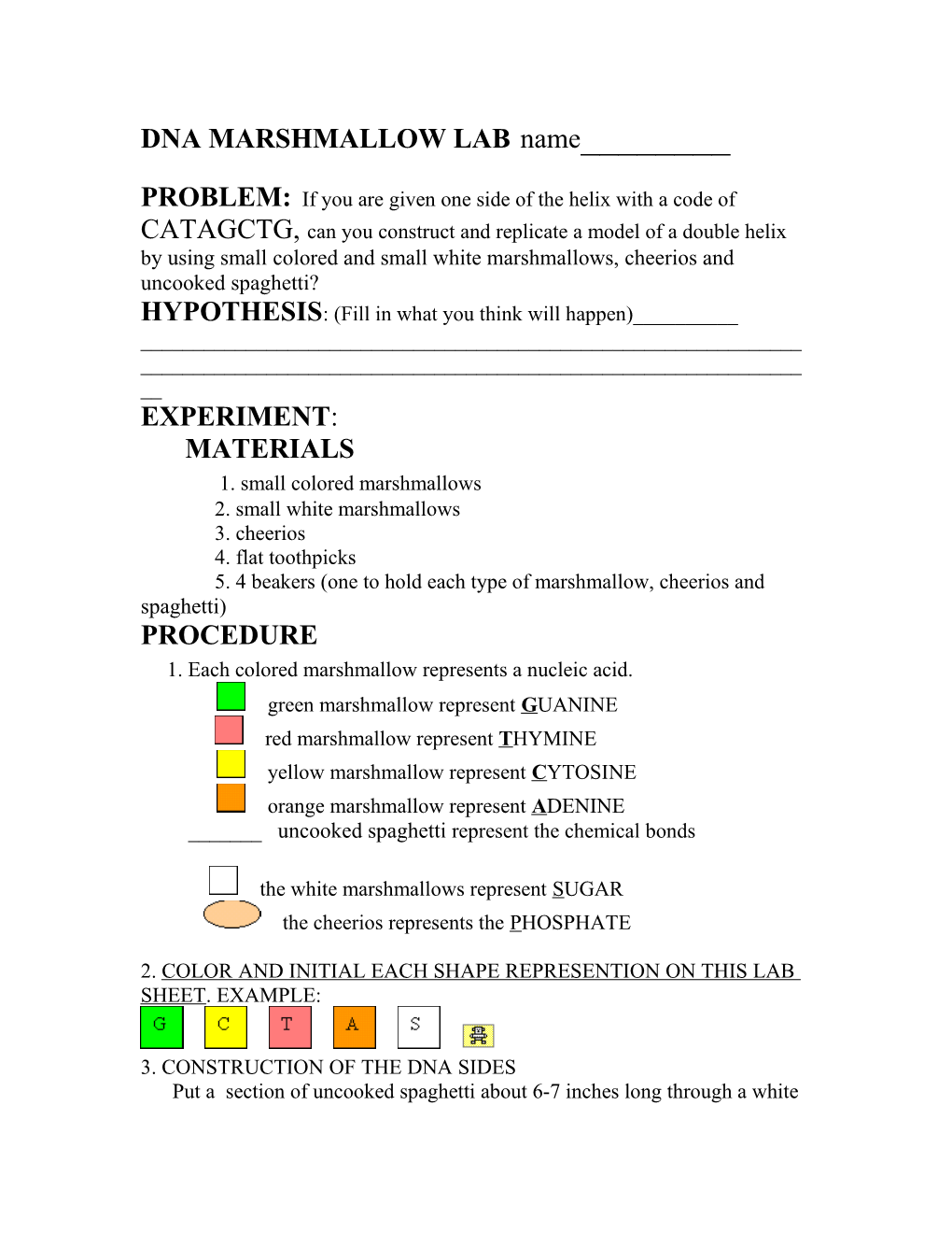 DNA MARSHMALLOW LAB Name______ PROBLEM: If You Are Given One Side of the Helix with A