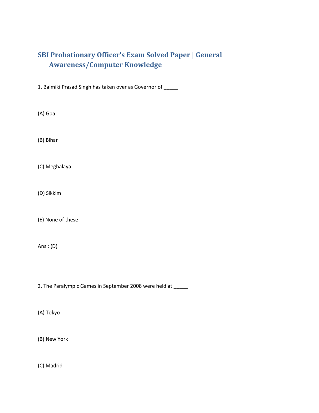SBI Probationary Officer's Exam Solved Paper General Awareness/Computer Knowledge