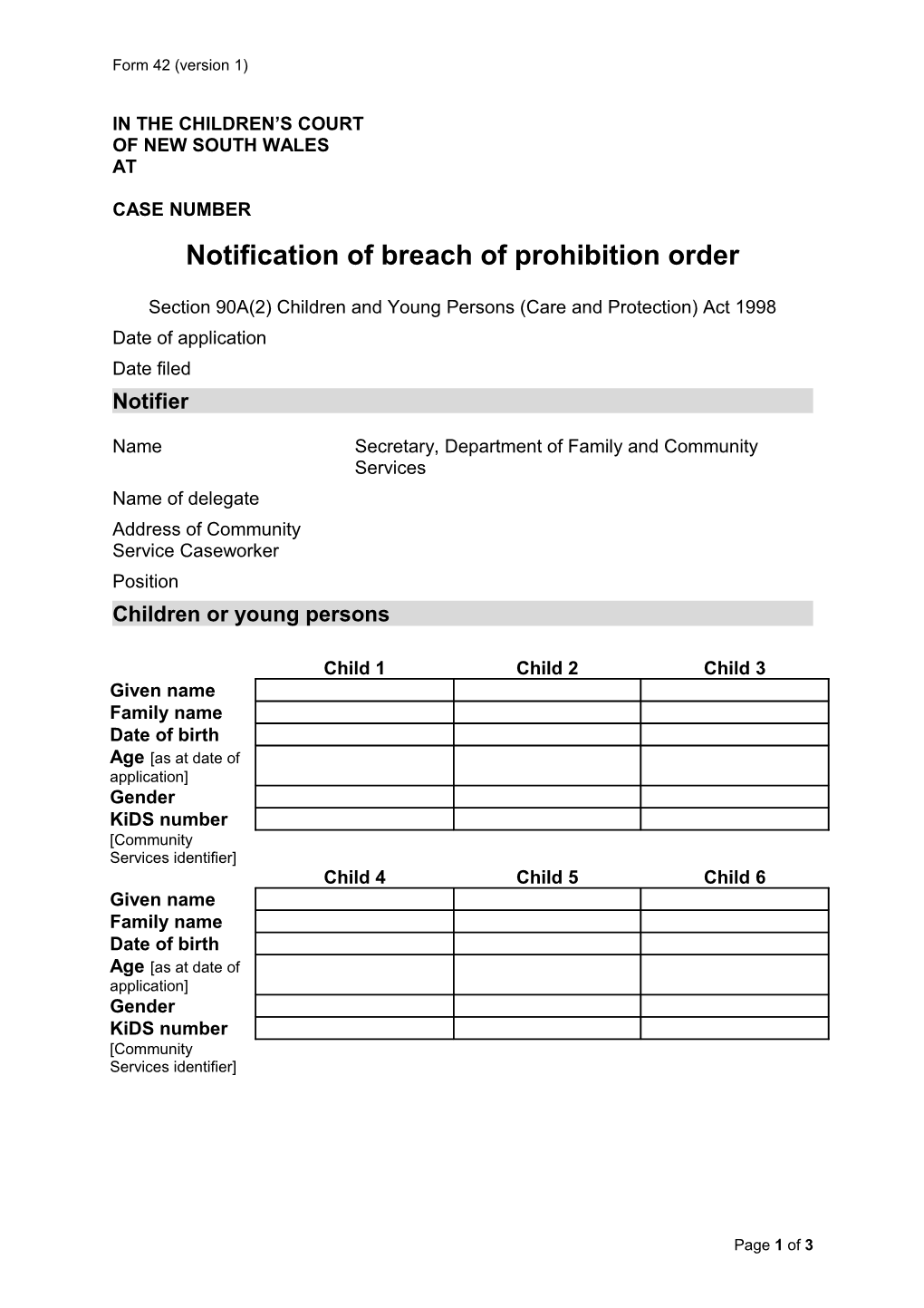 Notification of Breach of Prohibition Order
