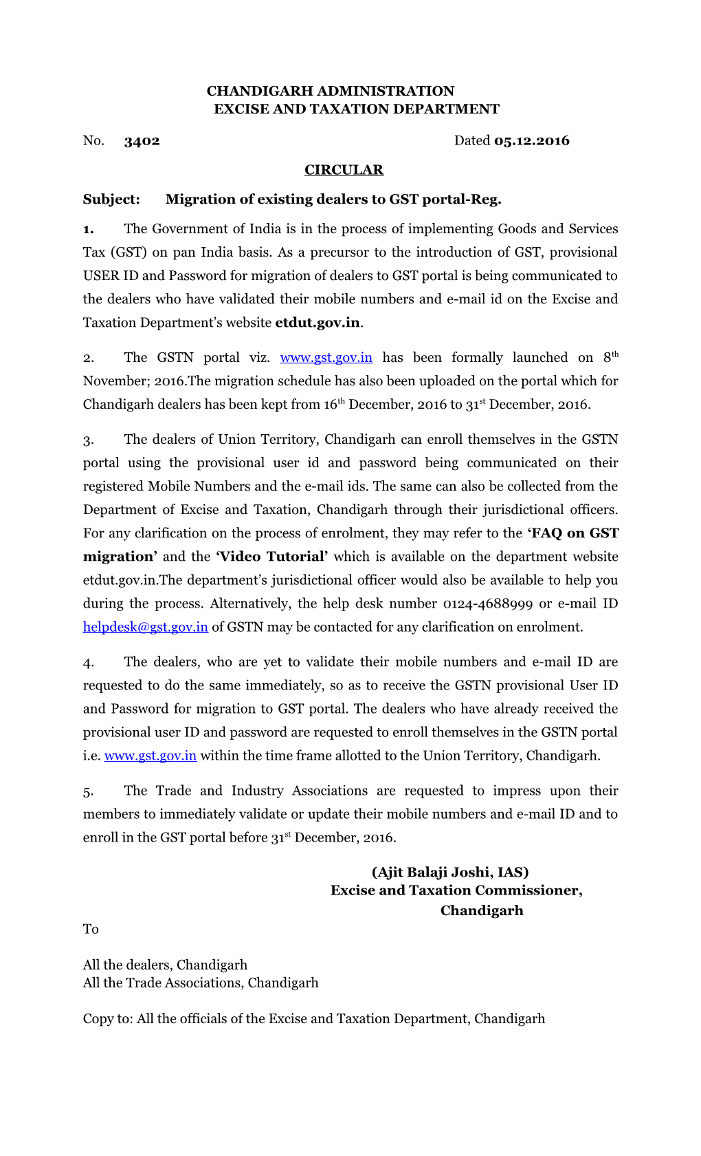 Subject: Migration of Existing Dealers to GST Portal-Reg