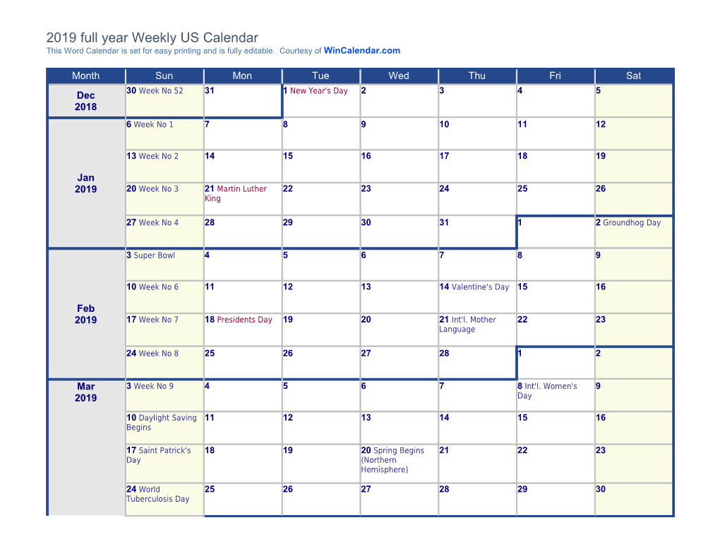 2019 Calendar with US Holidays - by Week