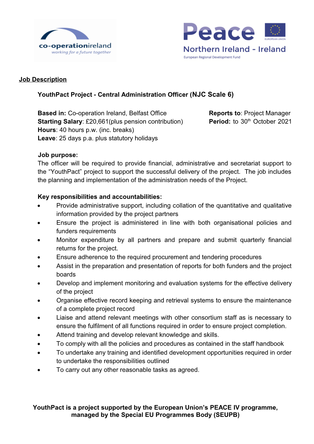 Youthpact Project - Central Administration Officer (NJC Scale 6)