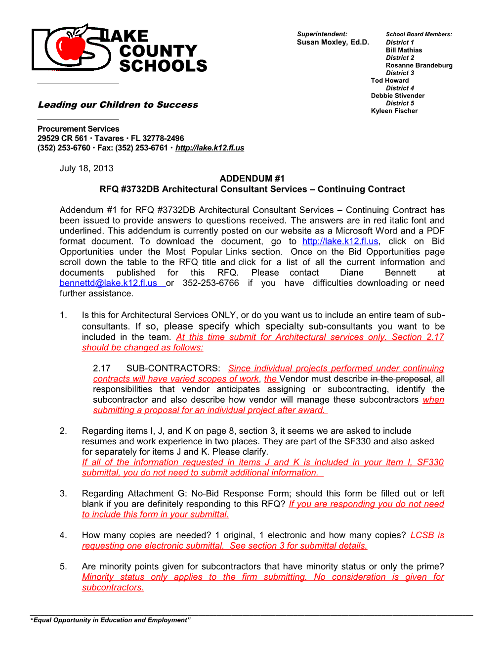 RFQ #3732DB Architectural Consultant Services Continuing Contract
