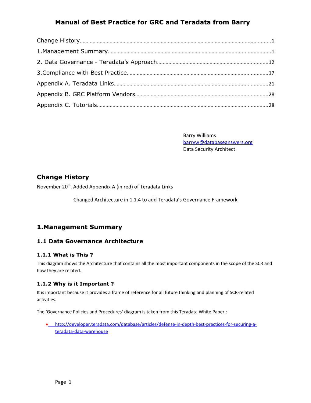 Manual of Best Practice for GRC and Teradata from Barry