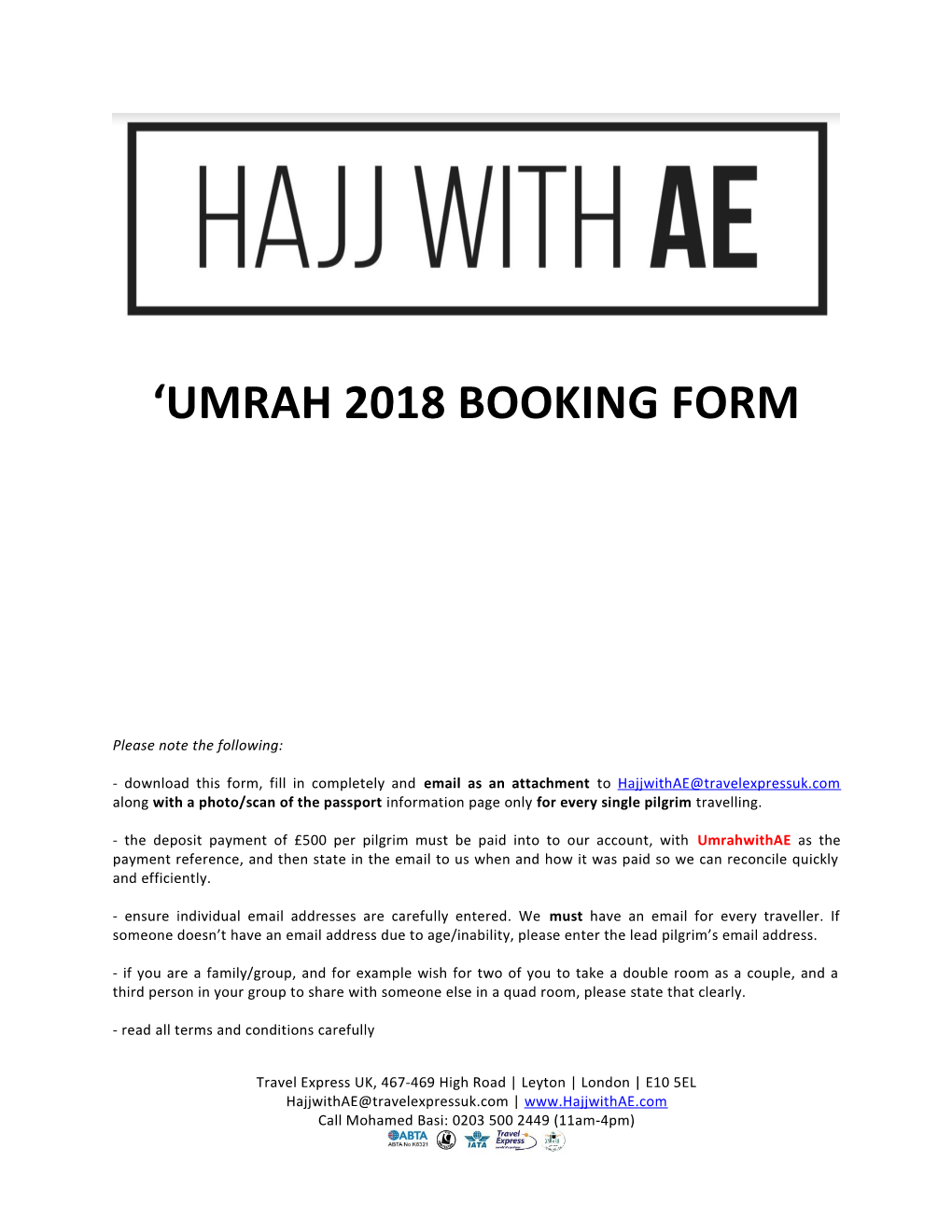 Umrah 2018 Booking Form