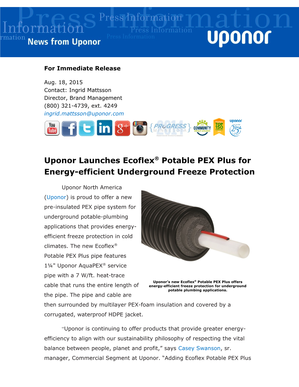 Uponor Launches Ecoflex Potable PEX Plus