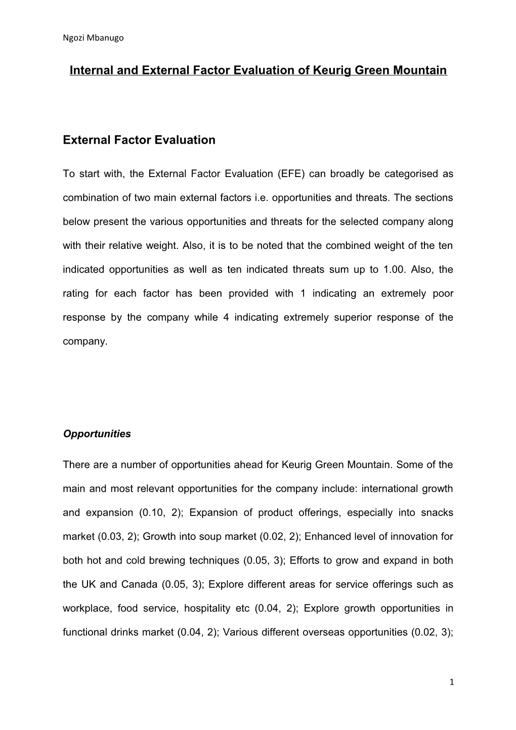 Internal and External Factor Evaluation of Keurig Green Mountain