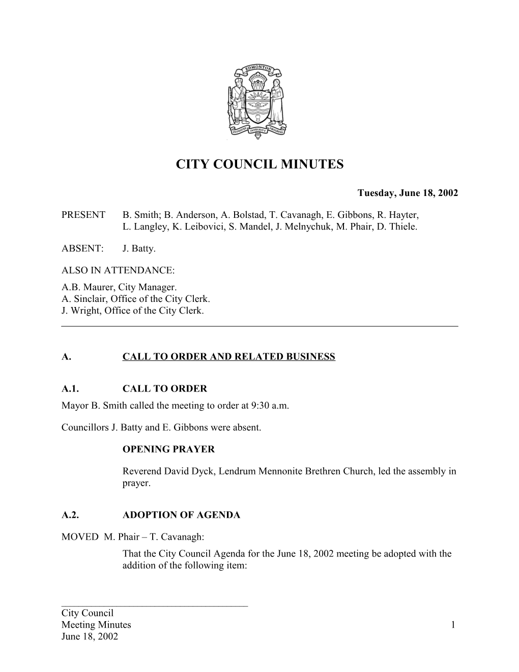 Minutes for City Council June 18, 2002 Meeting