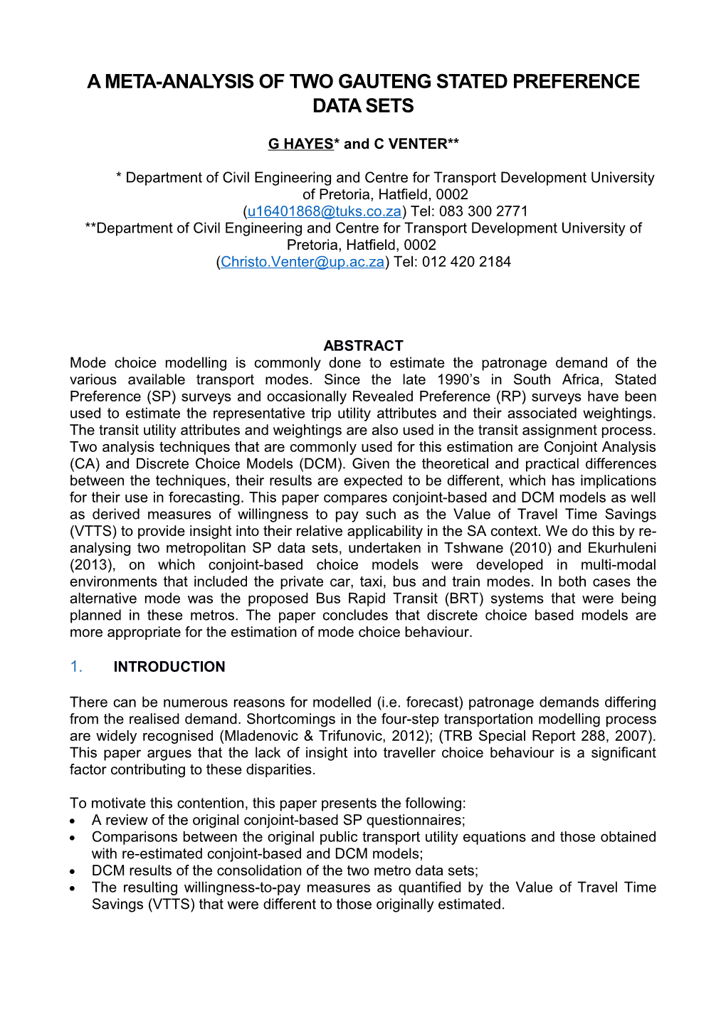 A Meta-Analysis of Two Gauteng Stated Preference Data Sets